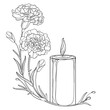 © bokasana - Corner bouquet with outline two Carnation flowers and burning candle in black isolated on white background.