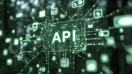 Fototapete - Glowing green API representing coding structure