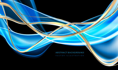 Poster - Abstract gold blue ribbon curve wave luxury overlap on black design modern background vector