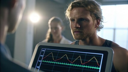 Aufkleber - Digital Health Solutions for Healthcare. Man analyzing health data with medical professionals in the background.