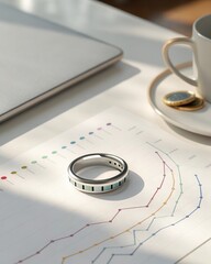 Aufkleber - Digital Health Solutions for Healthcare. A ring placed on a graph chart with a laptop and coffee nearby.
