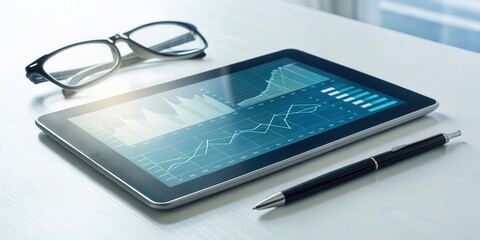 Aufkleber - Digital Health Solutions for Healthcare. Tablet displaying data analytics next to glasses and a pen.