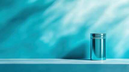 Poster - A sleek silver canister sits alone on a blue surface, with soft light reflecting off it, emphasizing simplicity and elegance in everyday objects and design.