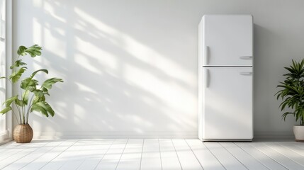 Poster - A bright and minimalistic kitchen featuring a sleek white refrigerator, complemented by green indoor plants and light streaming through the windows creating a serene atmosphere.