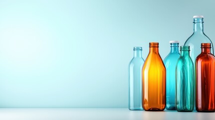 Poster - This image features an array of colorful glass bottles in various sizes, beautifully arranged against a soft blue background, showcasing vibrant colors and reflections.