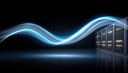 Fototapete - Network security concept with glowing data flow and server rack in dark room for technology and internet protection