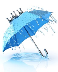 Poster - Blue umbrella with crown with water splash and reflection on white background. Conceptual art with rain drops, abstract design, waterproof concept.