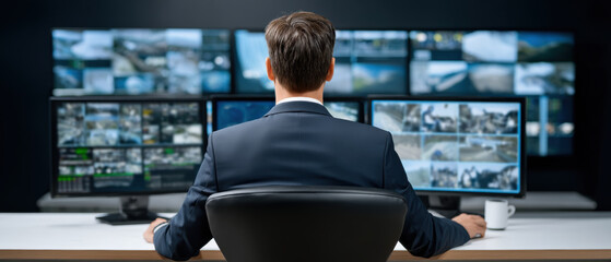 Poster - Man monitors multiple screens in security control room, ensuring network safety with focused attention and advanced technology
