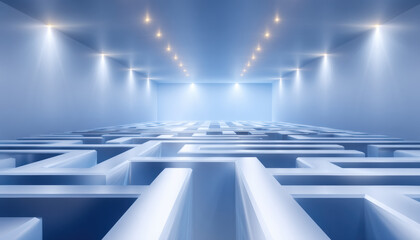 Poster - Futuristic blue maze in bright room symbolizes network security challenges and solutions in modern digital environment
