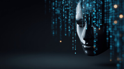 Poster - Futuristic black mask with digital binary code streams symbolizes network security and advanced technology protecting data in dark space