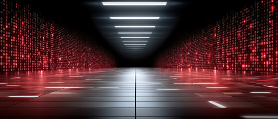 Fototapete - Digital network security concept with glowing red binary code on walls and futuristic corridor illuminated by ceiling lights