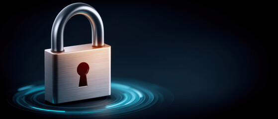 Poster - Network security concept with metallic padlock and digital blue circle light on dark background symbolizing protection and safety