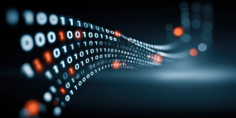 Fototapete - Digital binary code stream represents network security concept with glowing data flow in dark background for technology and protection