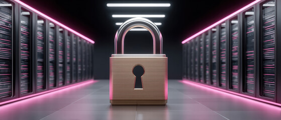 Poster - Metallic padlock symbolizes network security in data center with server racks and neon lighting creating secure digital environment