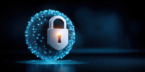 Poster - Glowing digital network sphere secured by padlock symbolizing advanced security in technology and data protection
