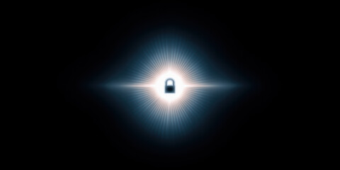 Poster - Network security concept with glowing lock icon in center and dark background symbolizing protection and safety