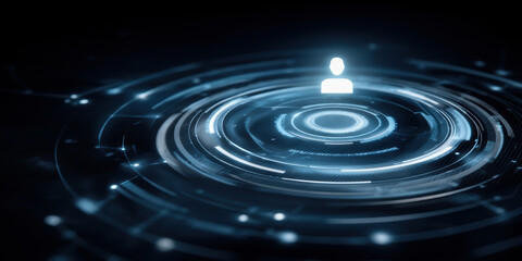 Poster - Network security concept with digital user icon and futuristic circular interface glowing in dark background