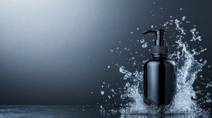 Poster - A sleek black bottle surrounded by splashes of water, highlighting its elegance and modern design, perfect for personal care or cosmetic branding.