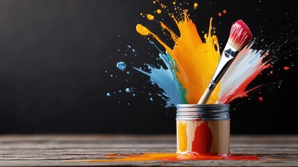 Poster - A dynamic splash of vibrant paint bursts from a container, with a brush ready for application, symbolizing creativity, artistic expression, and the joy of color exploration.