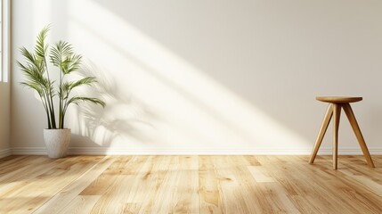 Poster - A serene minimalistic interior space featuring a simple wooden stool and a lush indoor plant, designed to evoke tranquility, calmness, and a connection to nature.