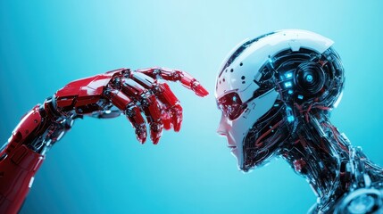 Poster - A visual of two robotic hands reaching for each other, symbolizing the merging of technology and humanity. This image captures an intriguing interplay of futuristic themes.