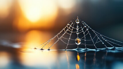 Poster - A close-up shot of a spiderweb adorned with shimmering dew drops, capturing the intricate beauty of nature and illustrating themes of fragility and careful artistry.