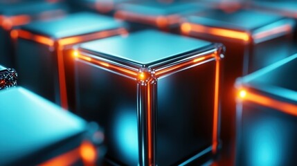Poster - A close-up view of sleek, glowing cubes arranged in a futuristic pattern, representing innovation, technology, and the beauty of geometric design in modern art.