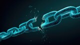 A fractured chain link, digitally rendered, against a dark teal backdrop.  The chain is a light teal, composed of interconnected polygons. 