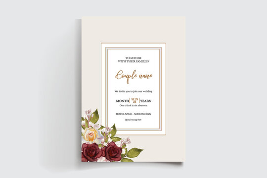 WEDDING INVITATION FRAME WITH FLOWER DECORATIONS AND FRESH LEAVES