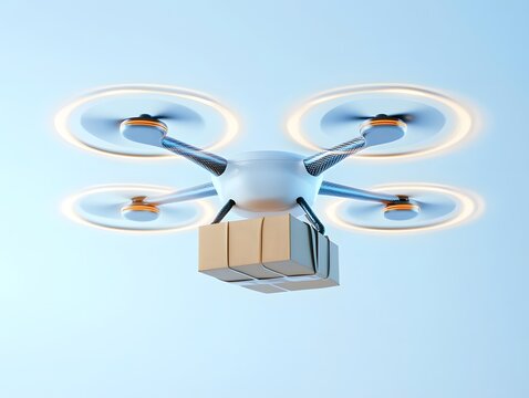 A generic drone carries cardboard boxes against a gradient blue background. Propellers are spinning suggesting motion and delivery. The scene evokes technology and logistics.