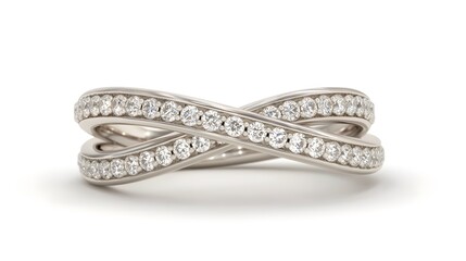 Poster - Close-up view of a luxurious silver ring adorned with numerous sparkling white diamonds arranged in an intertwining design. The ring rests against a clean white backdrop.