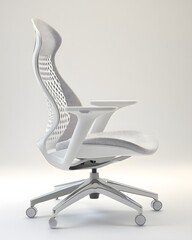 Poster - Ergonomic office chair against a white backdrop featuring a white frame a black and white dotted seat and backrest design. Wheels and armrests complete the modern design.