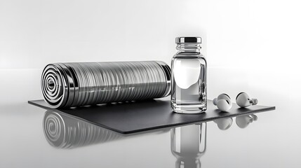 Poster - Metallic Cylinder Bottle and Earphones on Reflective Surface with Gradient Background