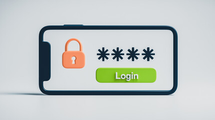 Poster - Secure Login: A close-up shot of a smartphone screen displaying a login interface, featuring a padlock icon, obscured password characters, and a 