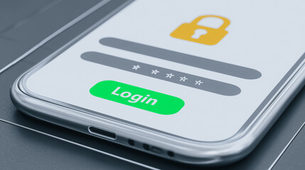 Poster - Secure Mobile Login Interface: The close-up shot showcases a smartphone screen displaying a login interface with a prominent lock symbol, a password field, and a 