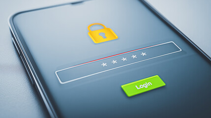 Poster - Secure Access: A detailed shot of a smartphone screen displays a password input field, indicating the need for secure login. A glowing padlock icon sits above a 'Login' button.
