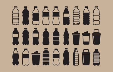 Poster - Collection of Black Silhouette Plastic Bottles and Cups Representing Recycling Waste Management and Environmental Concerns on a Beige Background
