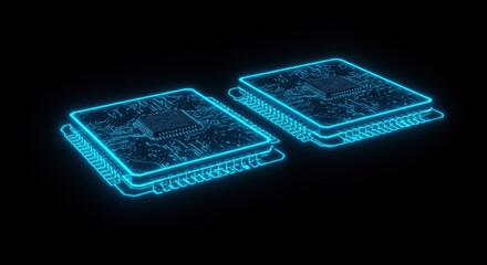 Fototapete - Glowy Blue Circuit Board On Black Background Represents Data Processing Technology