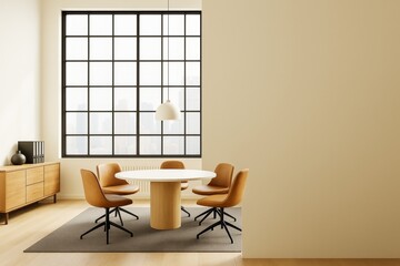 Poster - Modern minimalist meeting room with large industrial-style window, round table, and tan chairs in a bright contemporary interior space.