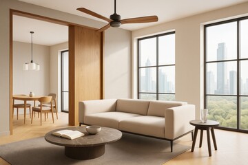 Poster - Modern minimalist apartment interior with large windows, beige furniture, and wooden accents in a bright open-plan living and dining area.