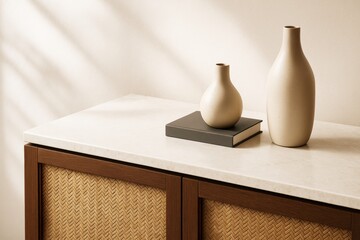 Poster - Minimalist ceramic vases on cabinet with natural light and neutral tones in contemporary room interior decor style on soft beige background wall.