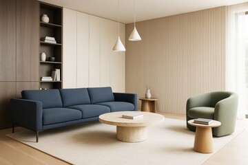 Poster - Minimalist modern living room with neutral tones, stylish furniture, wood shelving, and soft lighting in bright contemporary interior design space.