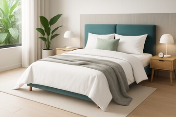 Aufkleber - Cozy modern bedroom with teal headboard, white bedding, wood nightstands, and decor in light-filled contemporary interior space with plant view.