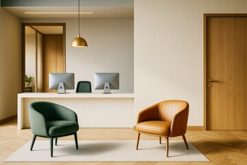 Poster - Modern office interior with two stylish chairs, wooden elements, and minimalist workspace decor in warm natural tones. Ai generative.