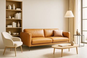 Aufkleber - Minimalist living room interior with tan leather sofa, beige armchair and wooden furniture in soft natural light and warm contemporary decor.