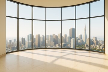 Aufkleber - Spacious empty modern interior with large curved panoramic windows and cityscape view under bright daylight in elegant contemporary building.