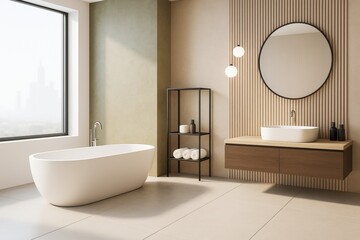 Aufkleber - Modern minimalist bathroom interior with freestanding bathtub, wooden vanity, and large window in bright contemporary design setting.