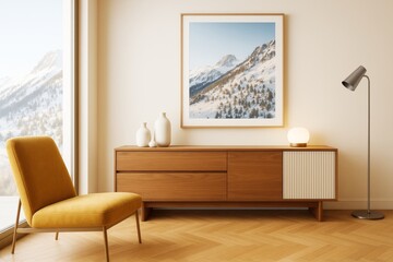 Aufkleber - Modern minimalist living room interior with wooden sideboard, mustard chair, floor lamp, and mountain photo on wall in warm light setting.
