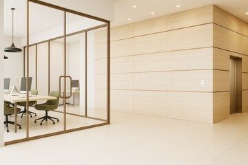 Poster - Modern empty office hallway with glass-walled meeting room and elevator in minimalist contemporary interior with soft lighting and tiled floor.