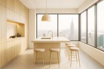 Aufkleber - Minimalist contemporary kitchen interior with large windows and natural light overlooking city skyline in soft beige tones and modern design concept.